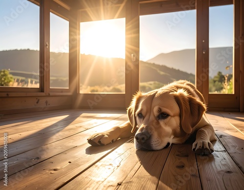 Dog resting on wooden floor indoors.