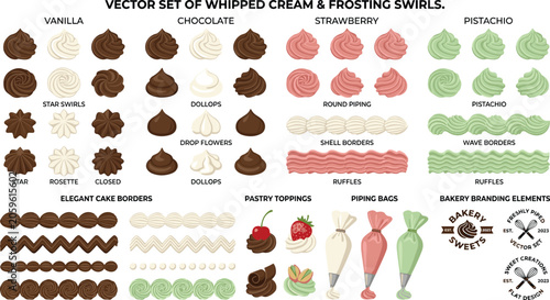 Foto Whipped Cream and Frosting Swirls Vector Set Featuring Vanilla Chocolate Strawbe