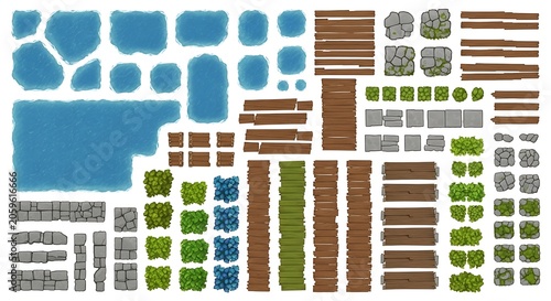 Top down game asset pack with water grass dirt and stone tiles
