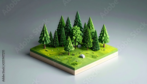 Miniature pine tree forest landscape model.