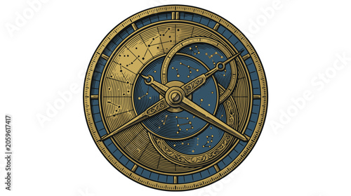 Vintage Compass Navigation Vector Illustration With Circular Astrolabe Design.