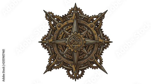 Vintage compass rose emblem vector illustration starburst navigation.