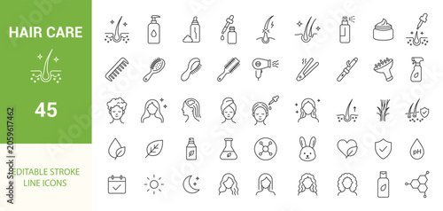 Hair Care and Skincare Line Icon Set. Hair Growth, Beauty Salon, Cosmetic Products, Scalp Treatment, and Natural Care Outline Icons