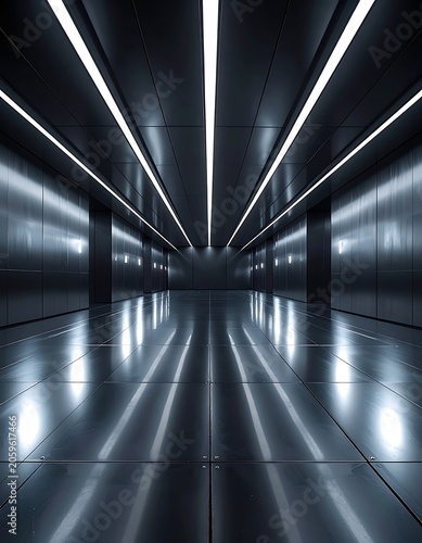 Modern tunnel with shiny metallic walls.