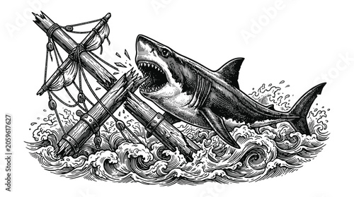 Vintage engraved ocean fish illustration with net and waves for vector design.