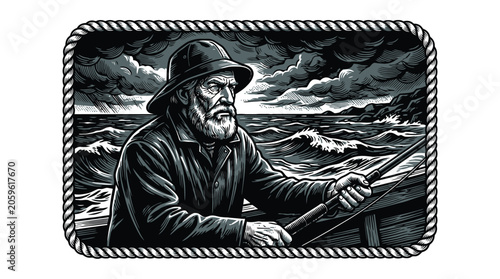 Vintage fisherman vector illustration by riverside waves.