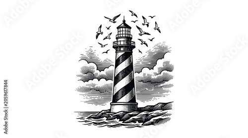 Vintage lighthouse vector illustration with sea and clouds.
