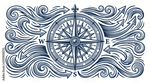 Vintage nautical compass with wave ornament vector illustration.