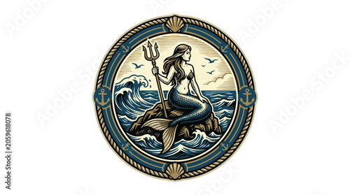 Vintage Nautical Emblem Vector with Anchor and Ocean Waves.