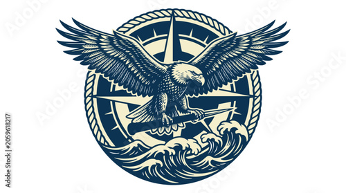 Vintage nautical skull wings emblem vector illustration.