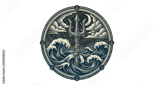 Vintage Nautical Wave Emblem Vector Badge with Lighthouse.