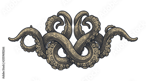 Vintage Octopus Tentacle Vector Illustration With Ornamental Engraving Style.