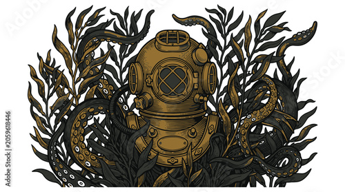 Vintage scuba diver helmet with seaweed wreath vector illustration.