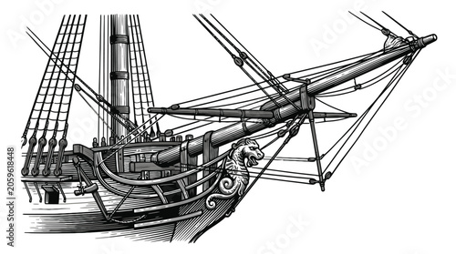 Vintage Sailing Ship Vector Sketch With Detailed Rigging And Sails.