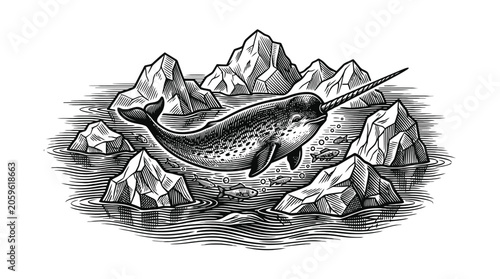 Vintage vector engraving fish with fisherman and rocks for fishing and seafood designs.