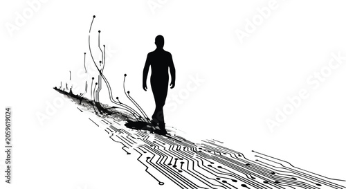 Silhouette of person walking on a digital path towards future innovation