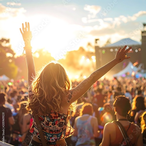Woman Enjoying Music Festival at Sunset.