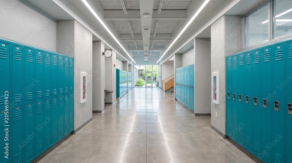 Fototapeta premium Empty modern school hallway with rows of teal lockers and bright ceiling lights in a clean architectural interior space concept