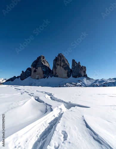 Snowy mountain landscape with rocky peaks.