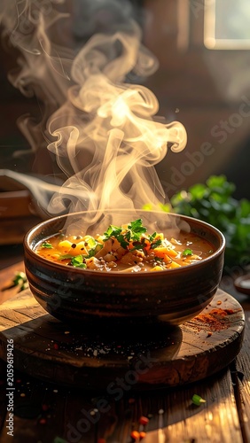 Steaming bowl of savory soup food.