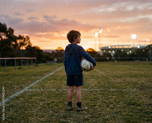 Young boy with soccer ball on a grassy field at sunset for sports background and youth training banner