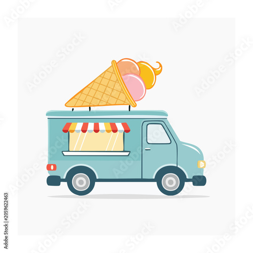 Flat design ice cream truck with waffle cone