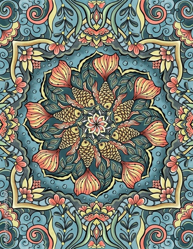 Vintage Koi Fish Mandala Ornament with Floral Asian Design Illustration