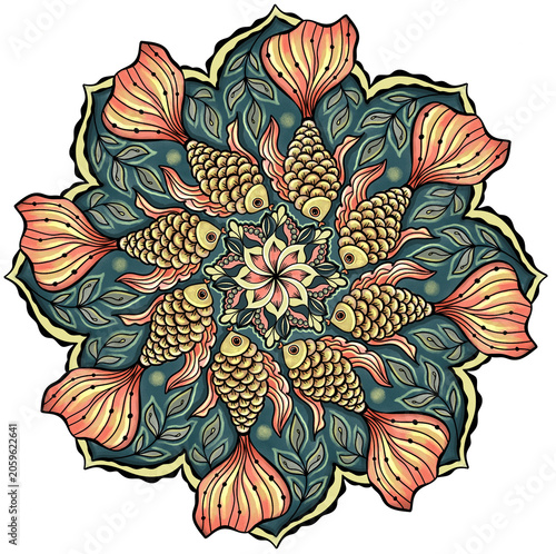 Vintage Koi Fish Mandala with Floral Ornamental Design
