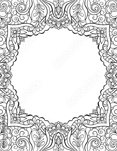 Ornate Black and White Floral Border for Coloring Page with Copy Space for Lettering