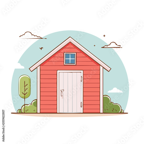 Red wooden shed with white door and window in flat style