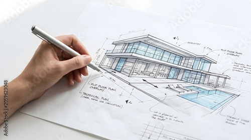 Architect drawing a modern house with pool and lounge chairs