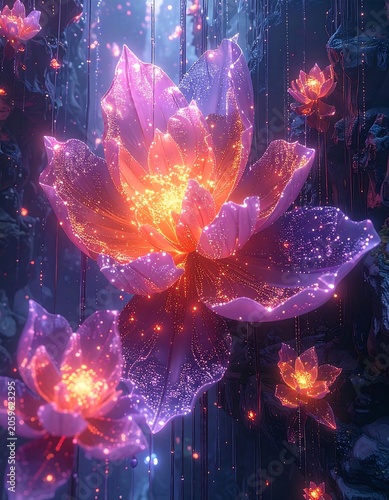 Glowing otherworldly flowers bloom within a mystical cavern setting