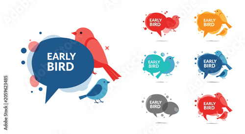 Set of early bird discount labels in various colors featuring bird illustrations and speech bubbles for marketing and sales promotions.