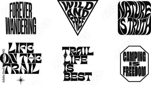 Set of adventure and nature inspired typography slogans and emblems for camping and outdoor lifestyle graphic design isolated on white background, Vector, illustration