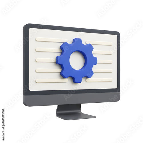 3D computer icon with blue gear for settings