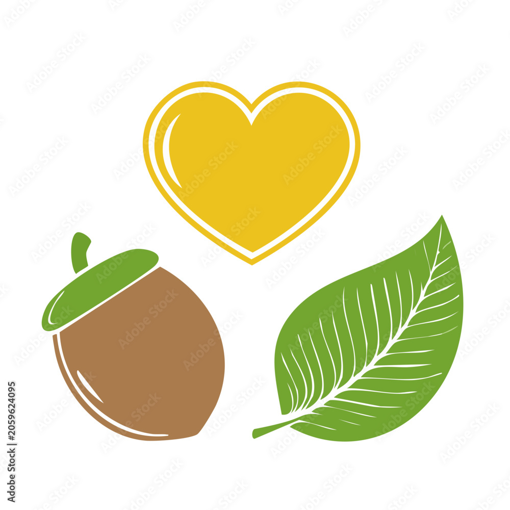 Fototapeta premium Flat design acorn leaf and heart illustration