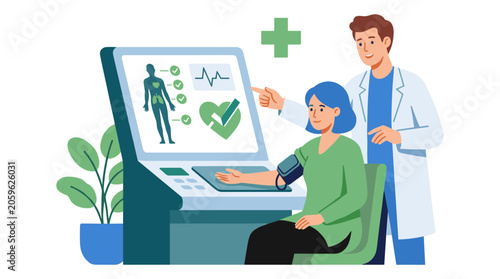 Doctor performing blood pressure check on patient at medical terminal with pressure healthcare hospital