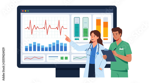 Medical professionals analyzing patient heartbeat data on computer screen with healthcare, analytics