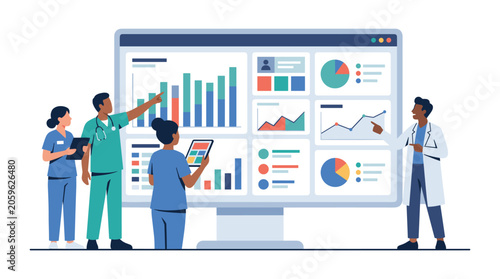 Diverse medical team analyzing healthcare data trends and statistics with healthcare analysis statistics
