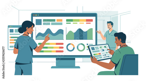 Medical team working on healthcare analytics and data visualization with healthcare analytics technology