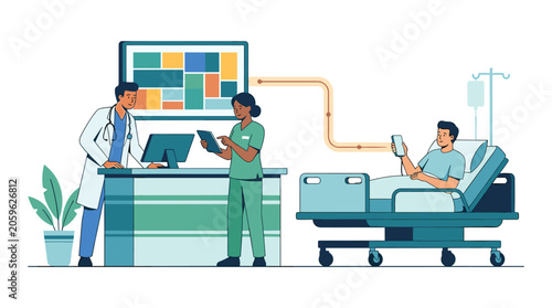 Medical staff consulting patient in hospital room vector illustration with hospital healthcare treatment
