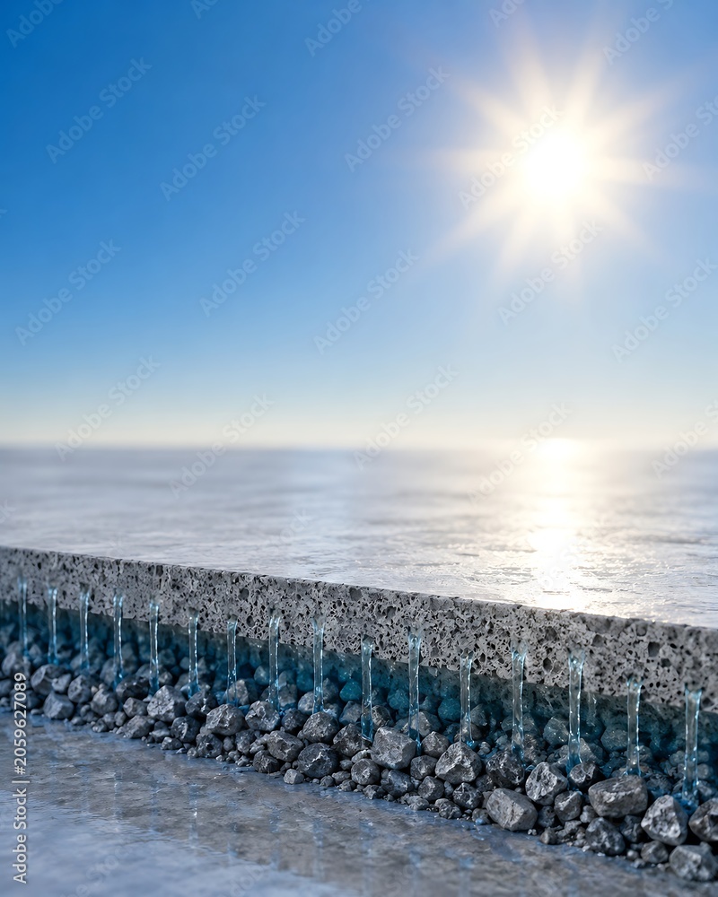 Obraz premium A bright sun shines over a frozen landscape with a textured foreground of ice and rocks.