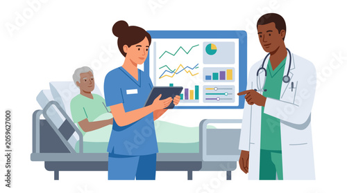 Doctor and nurse reviewing patient treatment plan with healthcare treatment hospital professional