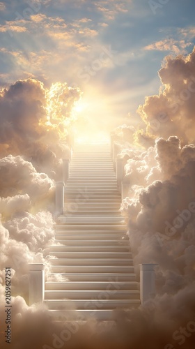 Ethereal white staircase ascending into a bright golden sky