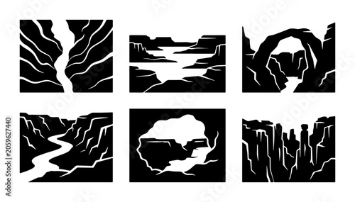 Cuadro en lienzo Canyon Landscapes, Natural Rock Formations, River Scenes, Vector Icons Set
