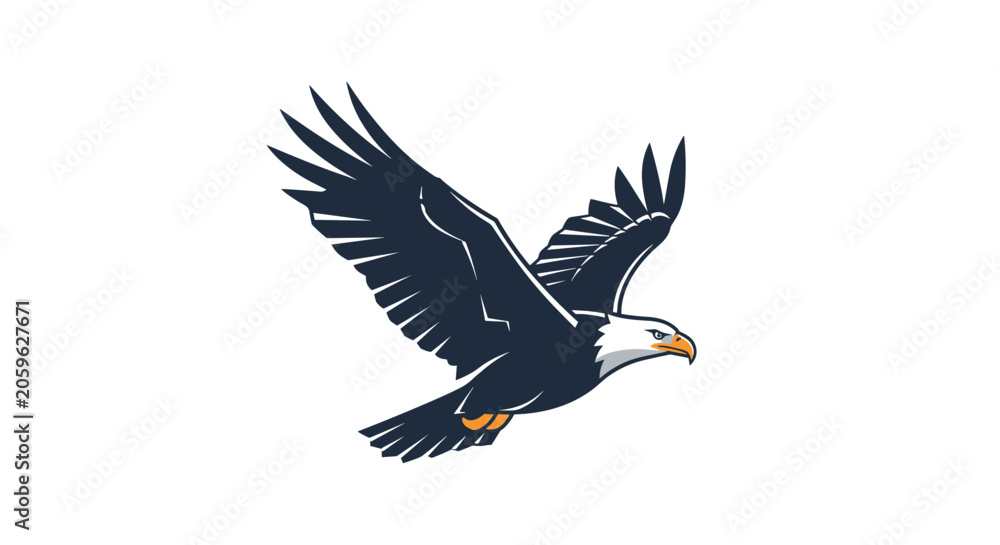 Fototapeta premium Powerful bald eagle with dark feathers and white head is captured in a dynamic flight pose with its impressive wingspan fully extended for hunting.
