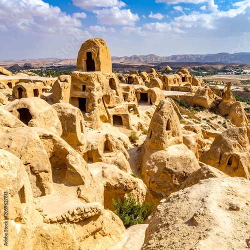 Desert landscape with ancient cave dwellings and blue sky