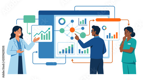Healthcare professionals analyzing medical data charts and digital diagnostics with healthcare, analysis
