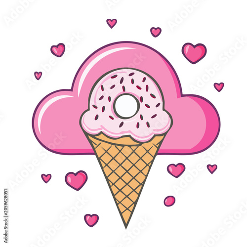 Pink Donut Ice Cream Cone with Hearts Illustration