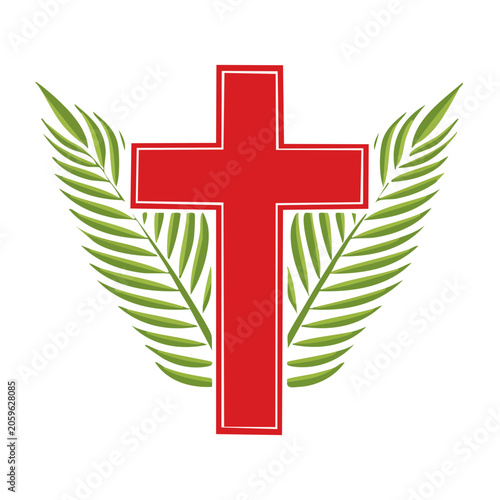 Red Christian Cross with Green Palm Leaves